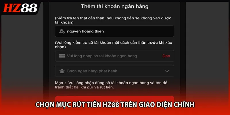 Chọn mục rút tiền HZ88 trên giao diện chính
